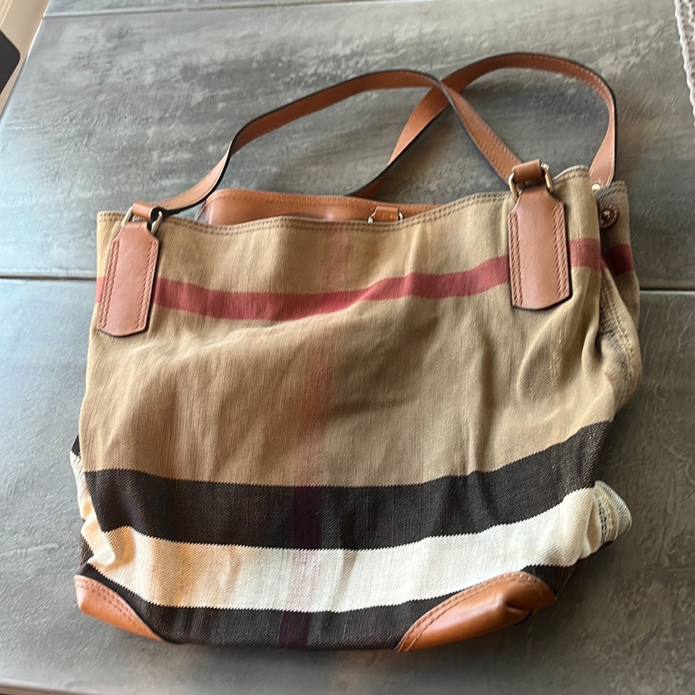 Burberry Canvas Mega Check Medium Ashby Hobo Saddle Brown